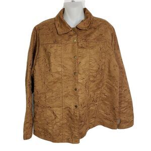 Woolrich Womens Shirt Jacket Large Brown Snap Front Unlined Embroidered Pockets